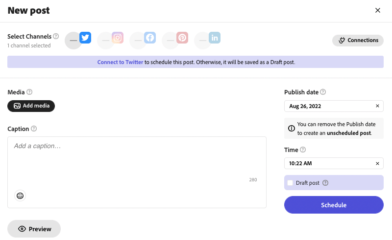 Scheduling a social media post within the Adobe Express 'schedule' tool.