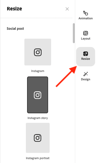 The resize tool in Adobe Express.