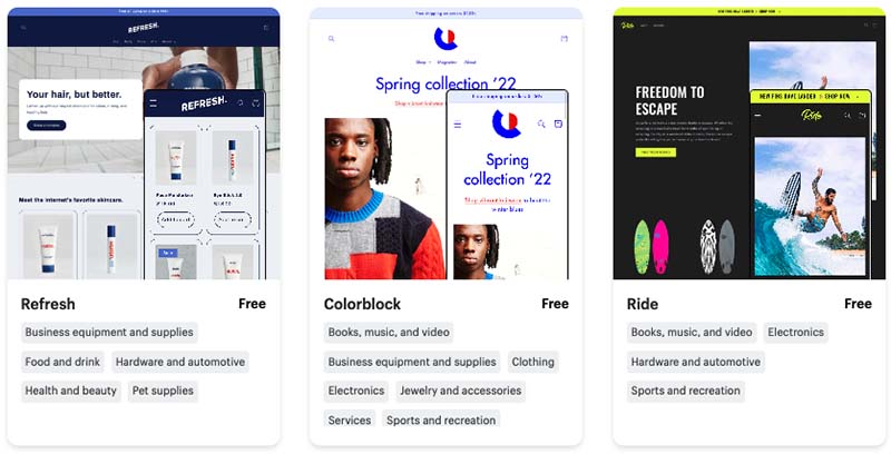 Shopify's 'Refresh', 'Colorblock' and 'Ride' free themes.