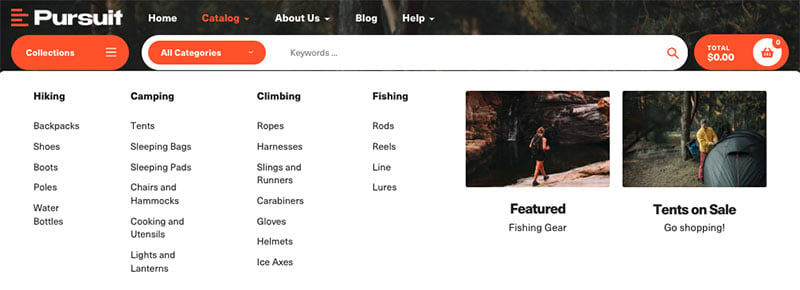 Shopify's 'Pursuit' theme featuring a multi-level menu