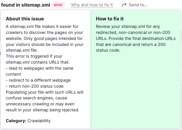 Contextual help on site audit results in Semrush