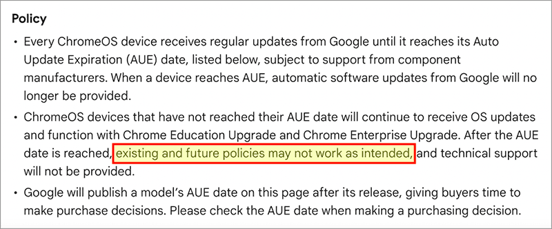 Information about Chromebook updates from Google's 'Auto Update' policy
