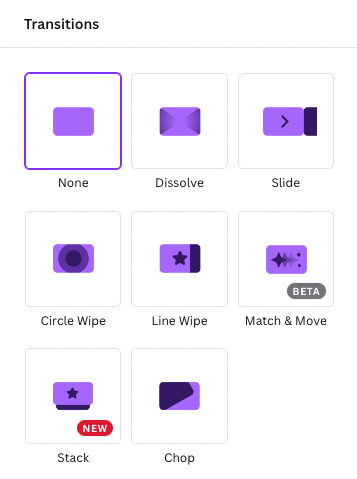 Video transition options in Canva.
