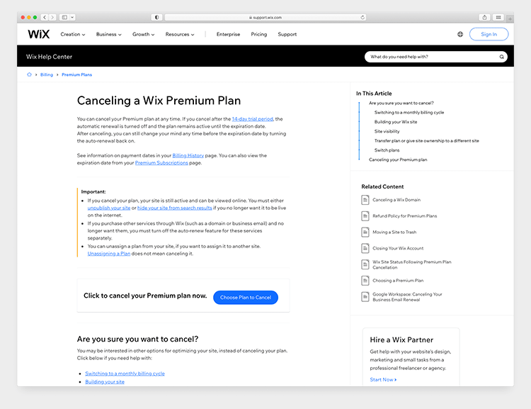 The 'Canceling a Wix Premium Plan' page on the Wix website.