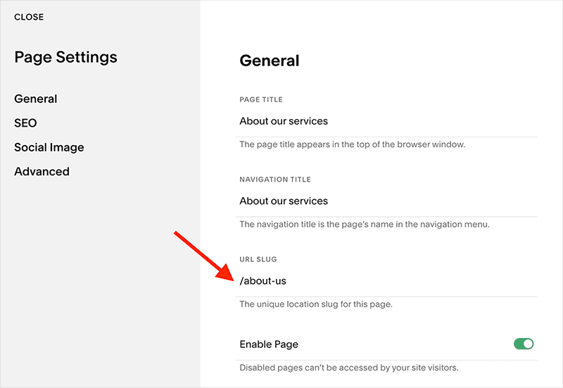 Changing the URL of a static page in Squarespace
