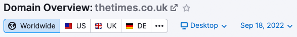 Semrush's "country switcher" tool