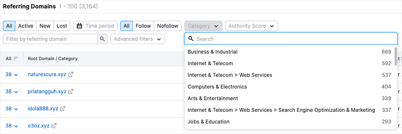 Referring domain filters