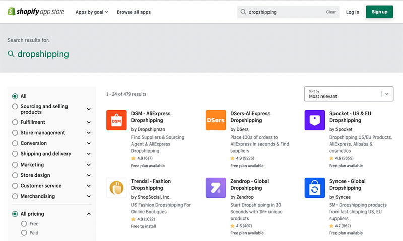 Dropshipping apps in the Shopify app store