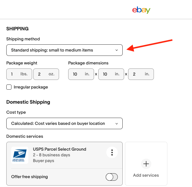 eBay shipping settings.
