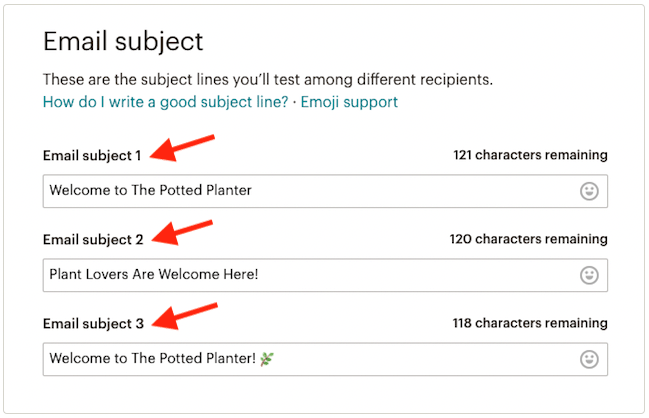 A split test of subject headers in the Mailchimp interface.