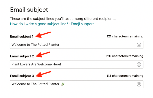 Split testing subject lines in Mailchimp.