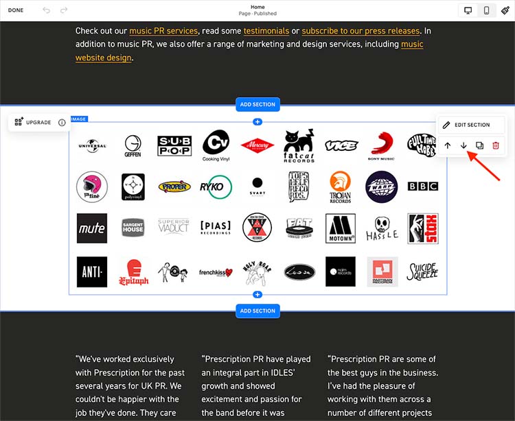 Moving content sections in Squarespace