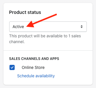 Activating a product using the 'product status' dropdown menu.