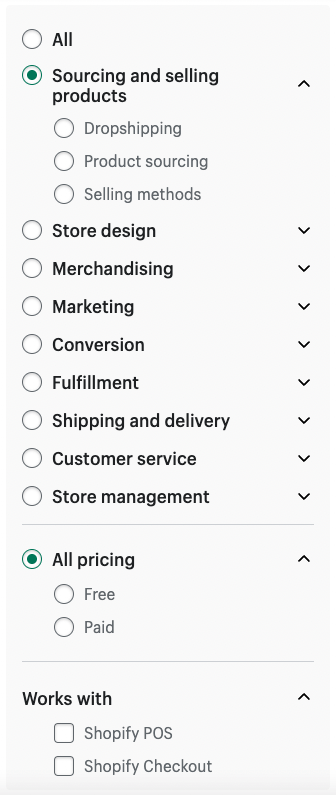 Using category filters to search for apps in the Shopify app store