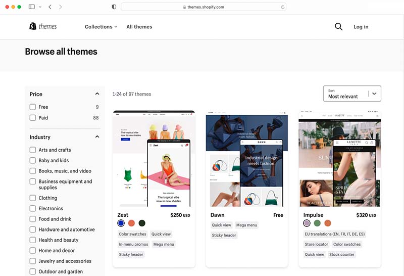 Choosing a Shopify theme in the Shopify theme store.