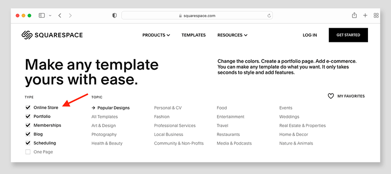 Using the Squarespace template filters to pick the right one.