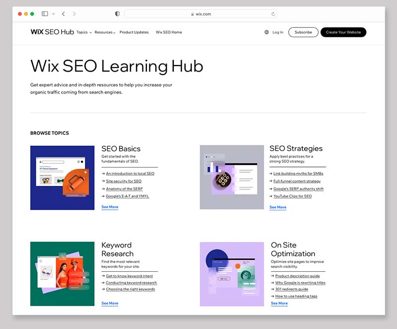Wix's 'SEO Learning Hub' resource page.