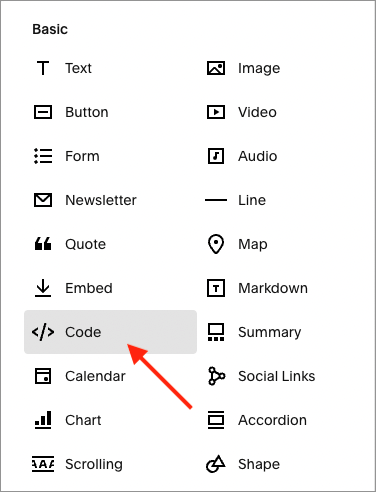 Adding a code block in Squarespace.