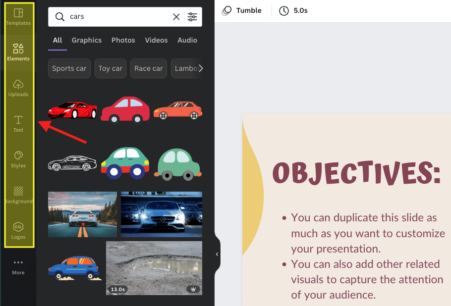 Canva's vertical menu