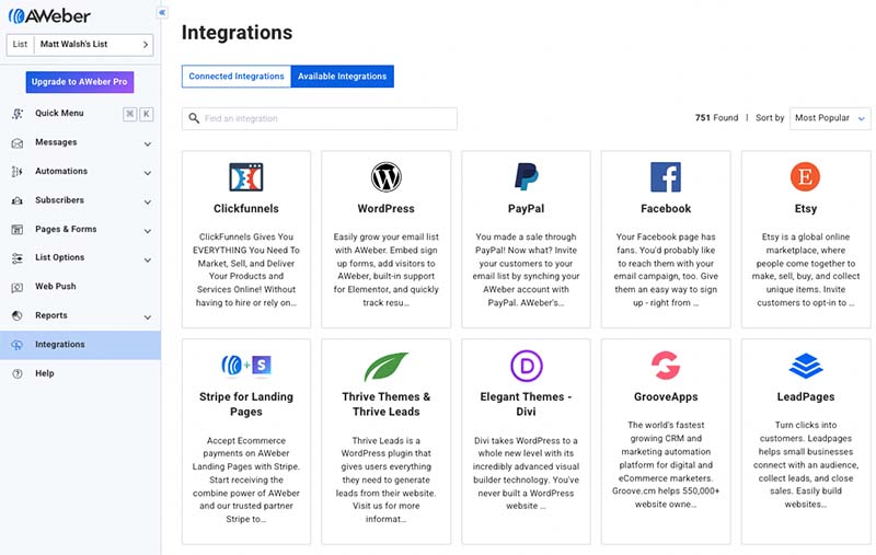 Aweber integrations directory.