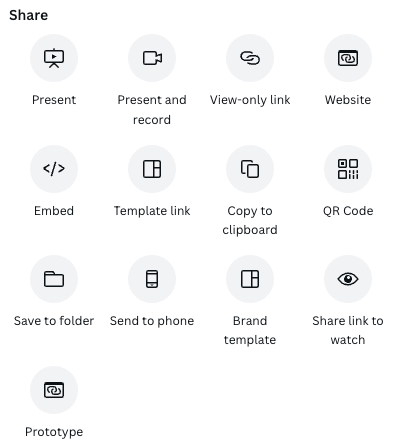 Some of the presentation sharing options available in Canva