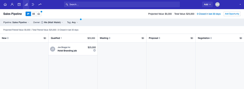 Managing deals in a Capsule CRM sales pipeline.