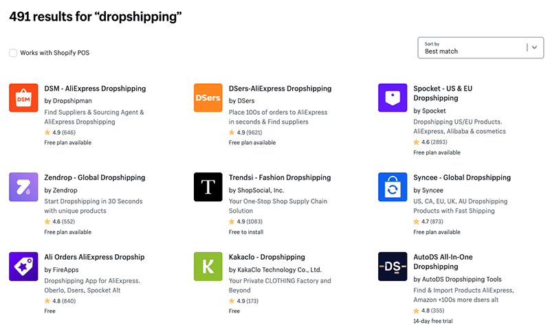 Dropshipping integrations in Shopify — there are many available in its app store.