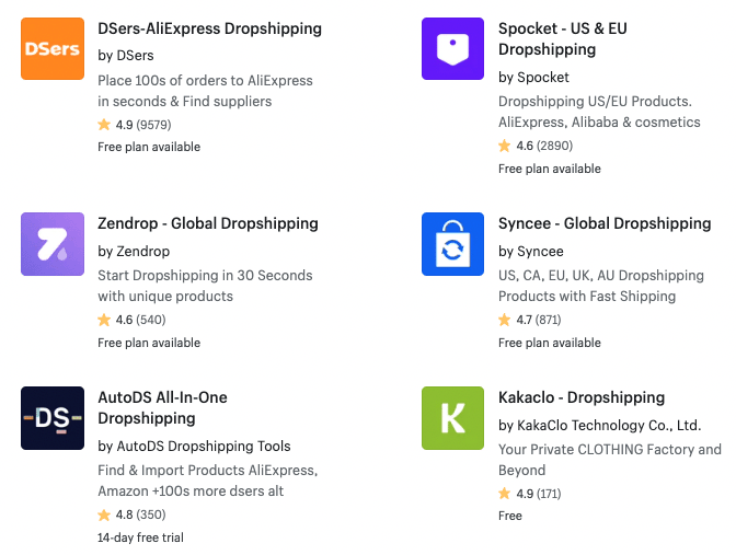 Dropshipping apps in the Shopify app store.