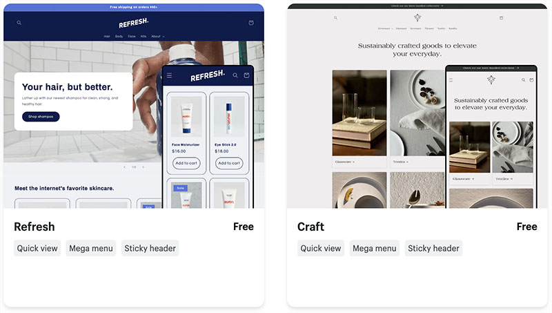 Examples of some free Shopify themes, 'Refresh' and 'Craft.'