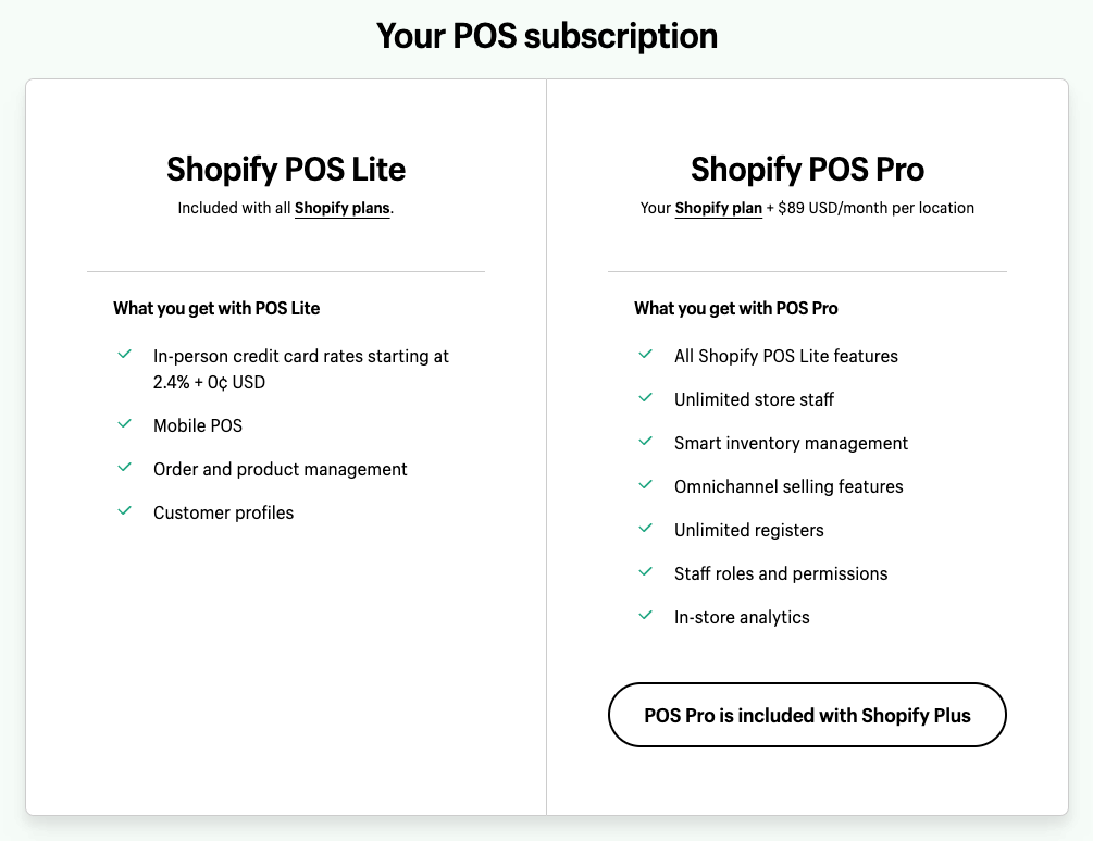 Key differences between Shopify POS Lite and Shopify POS Pro