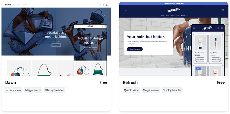 Examples of themes that are included with Shopify — 'Dawn' and 'Refresh.'
