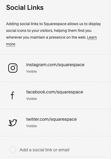 Social links settings in Squarespace.