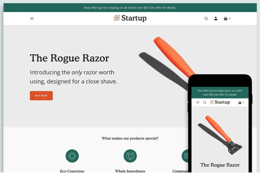 Example of a premium Shopify theme, 'Startup.'