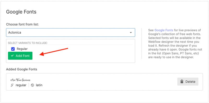 Adding a Google font in Webflow.