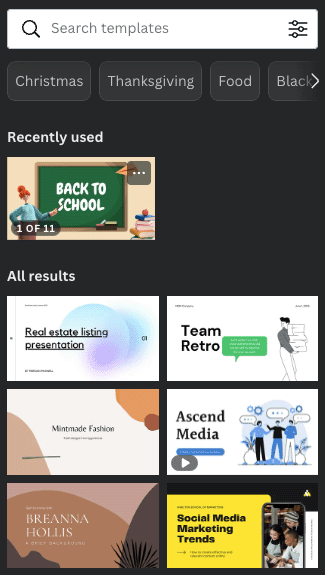 Browsing templates in Canva