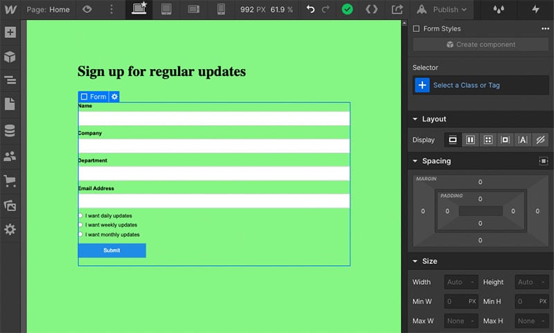 Designing a form in Webflow.