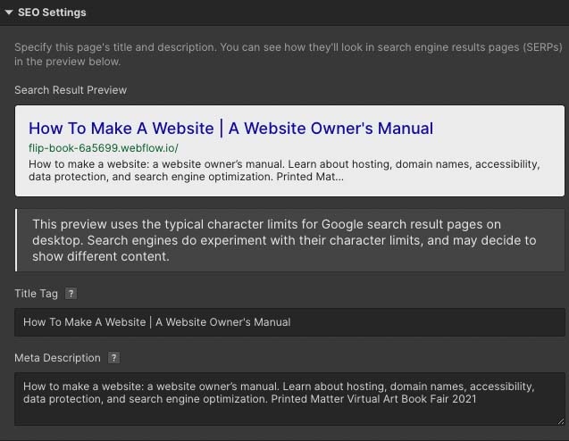 SEO settings in Webflow.