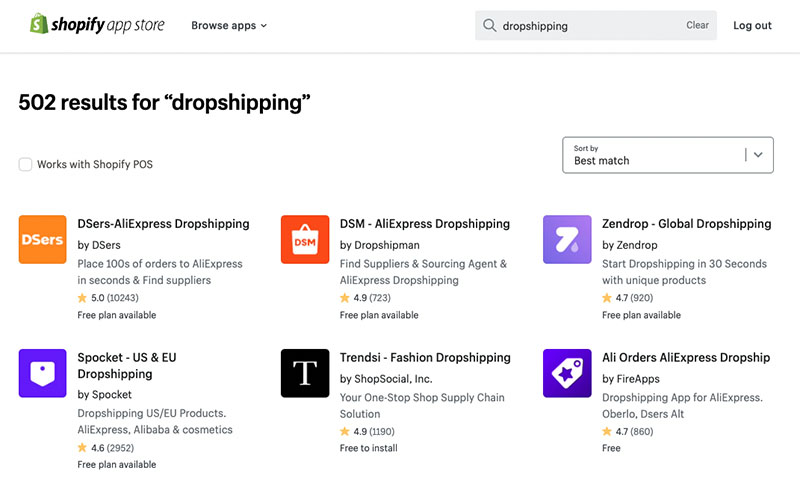 A selection of dropshipping apps that are available in the Shopify app store
