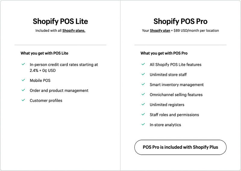 Costs for Shopify POS Lite vs Shopify POS Pro.