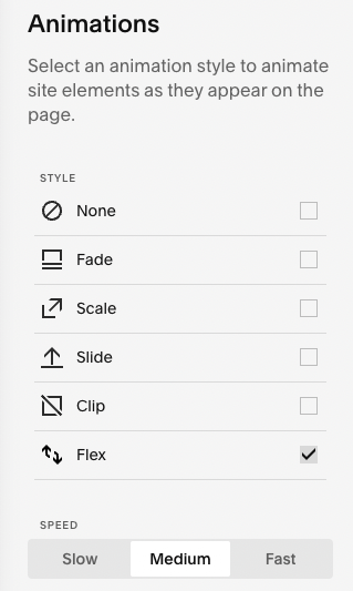 Site-wide animation settings in Squarespace.