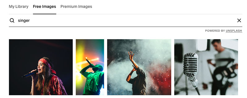 Browsing free stock images in Squarespace.