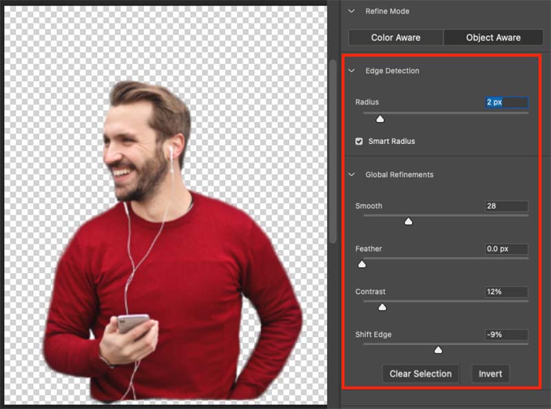 Background removal refinement controls in Photoshop. These are more sophisticated than the equivalent tools in Canva.