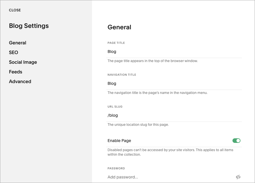 Squarespace blog settings