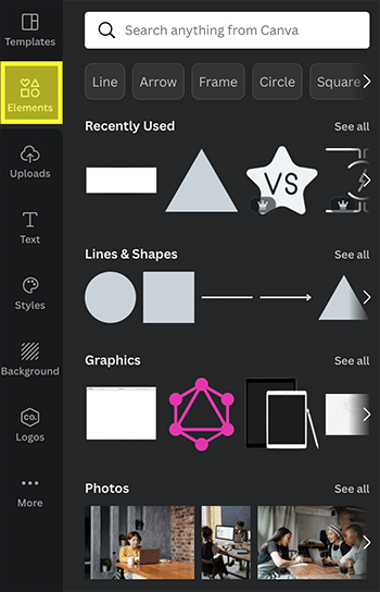 The Canva ‘Elements’ section. Unlike Photoshop, Canva gives you access to a wide range of stock multimedia items.