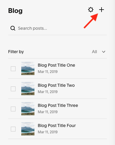 Clicking the plus icon to start a create a new Squarespace blog post