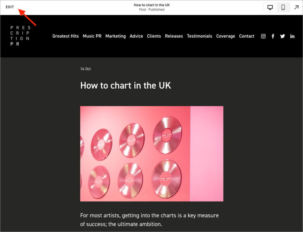 Editing an existing blog post in Squarespace