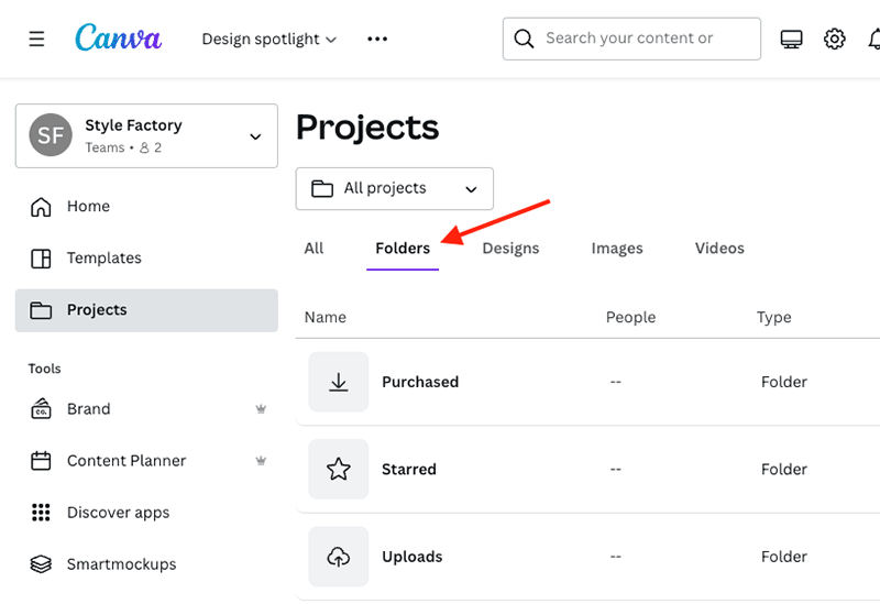 Canva's 'Projects' section.
