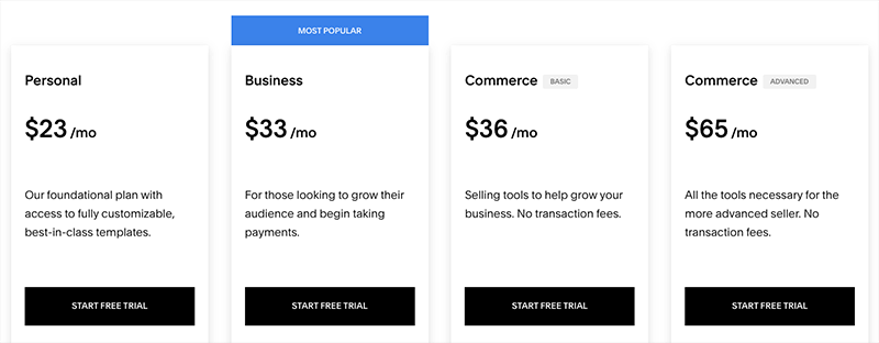 Monthly fees for Squarespace