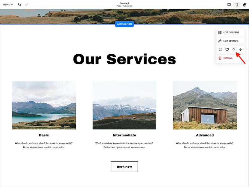 Moving content sections in Squarespace