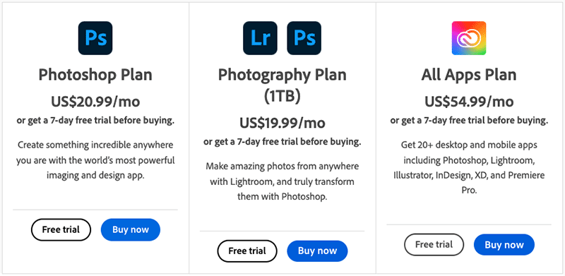 Photoshop pricing plans — in a Canva vs Photoshop shootout, Canva generally works out cheaper.